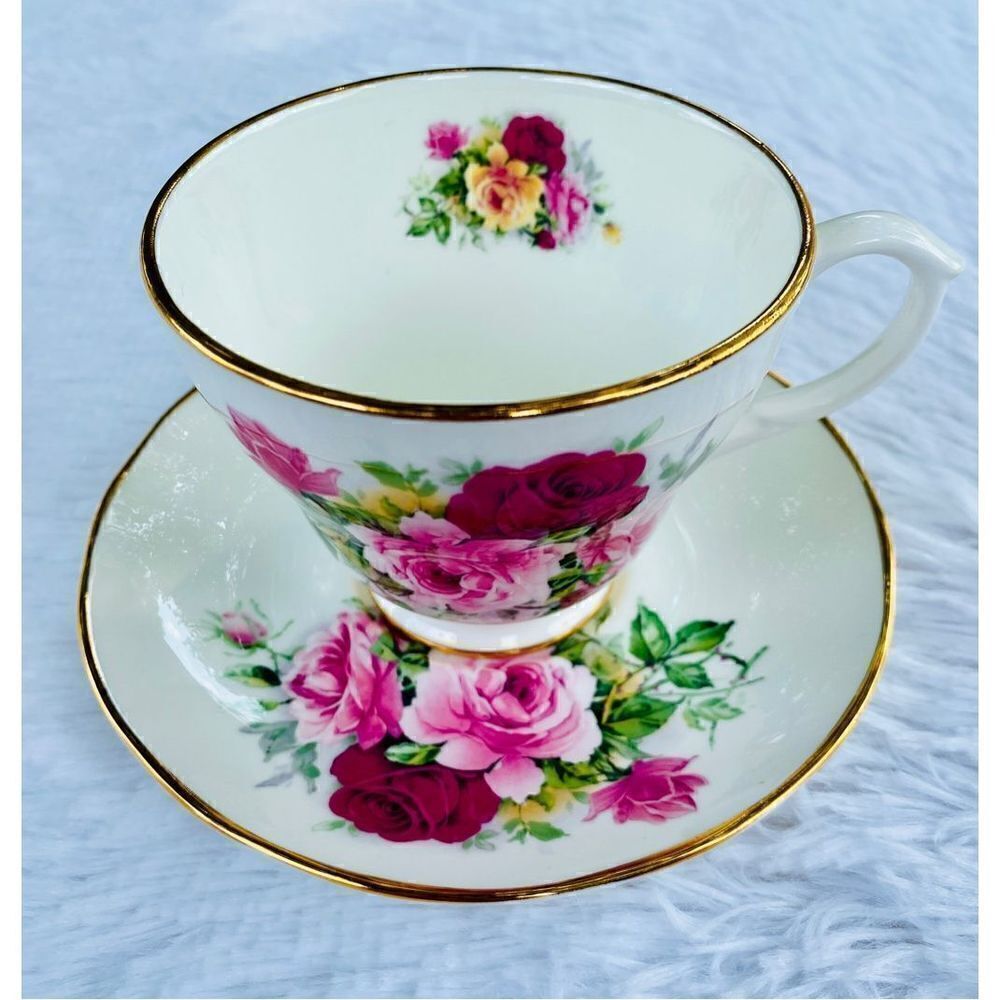 Vintage Golden Crown Fine Bone China Rose Teacup And Saucer Set
